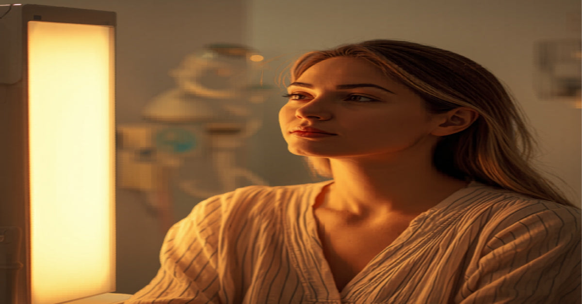 Person using light therapy lamp