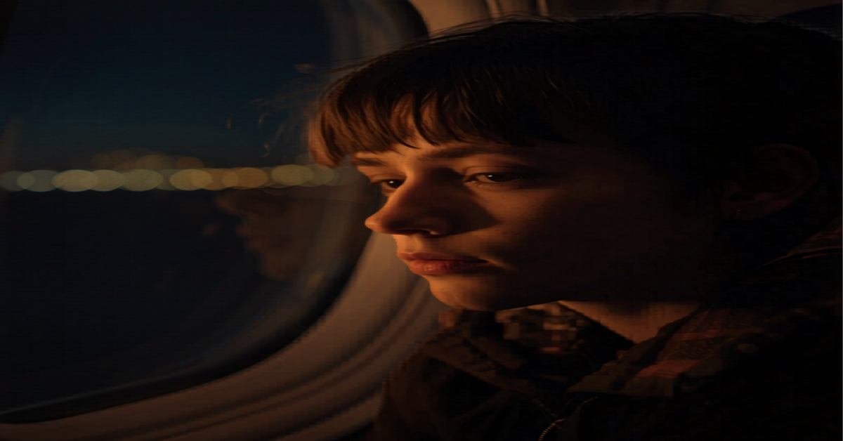 Traveller watching sunrise through an airport terminal window, using light to beat jet lag