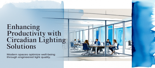 Office workers in a modern open-plan workspace with precisely engineered circadian lighting, cool blues and crisp whites