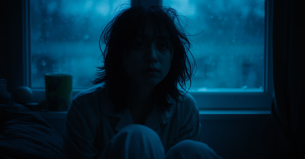 Person sitting in the dark at dawn in winter, looking tired and bleary, blue cold morning light through window