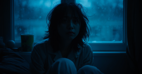 Person sitting in the dark at dawn in winter, looking tired and bleary, blue cold morning light through window