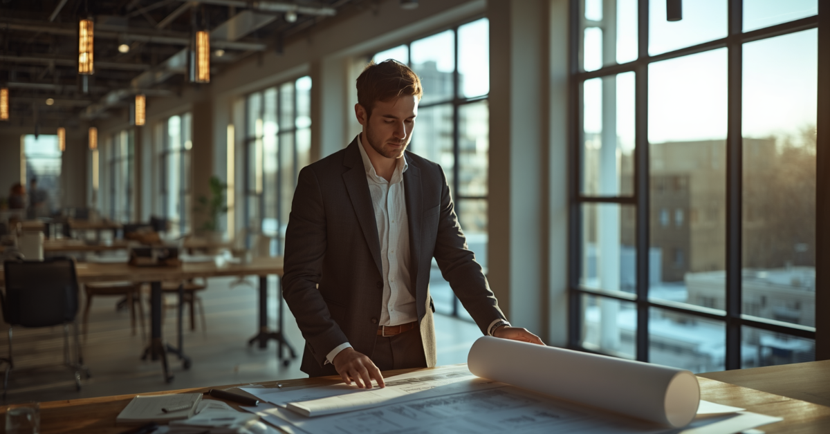 Architect reviewing lighting plans in a modern building interior with large windows and natural light