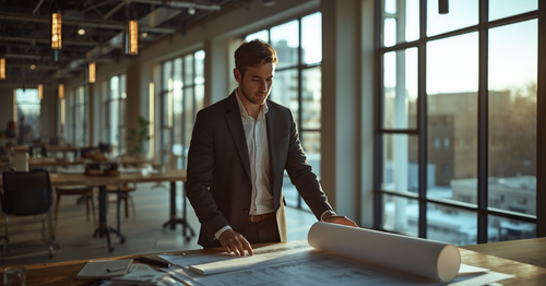 Architect reviewing lighting plans in a modern building interior with large windows and natural light