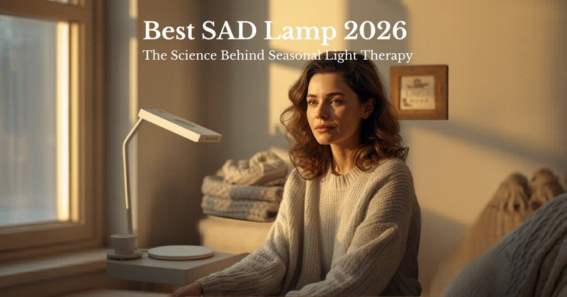 SAD lamp on a home desk beside a coffee mug, seasonal light therapy and lux rating comparison