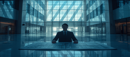 Architect reviewing plans in a stunning modern building atrium with precisely engineered human-centric light quality