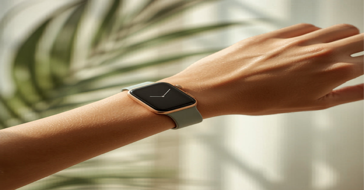 Person at a desk wearing a Whoop fitness band next to a laptop, wellness tracker and light health concept