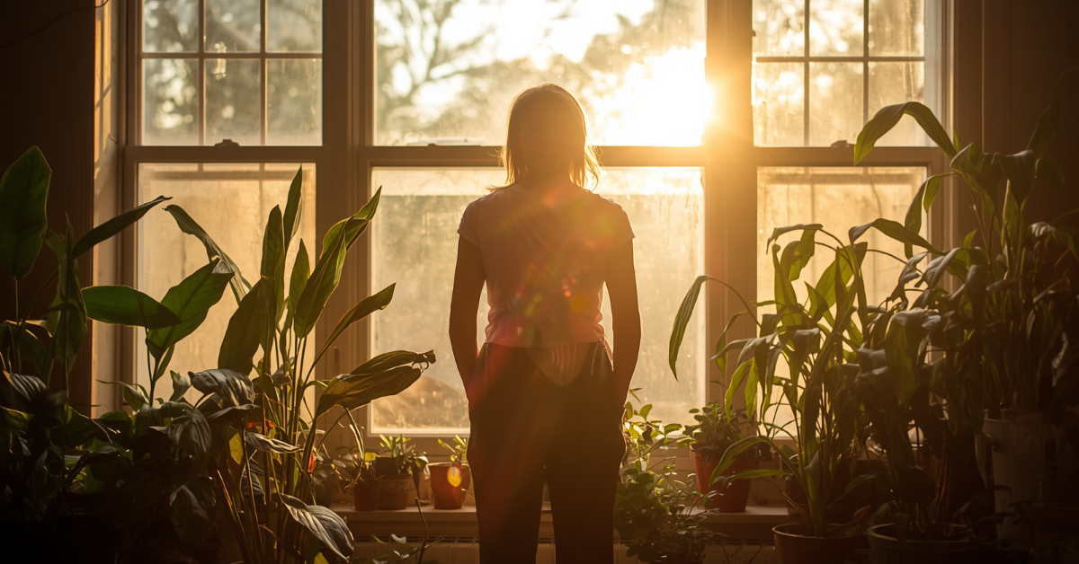 Woman standing by a window with houseplants in warm golden morning sunlight