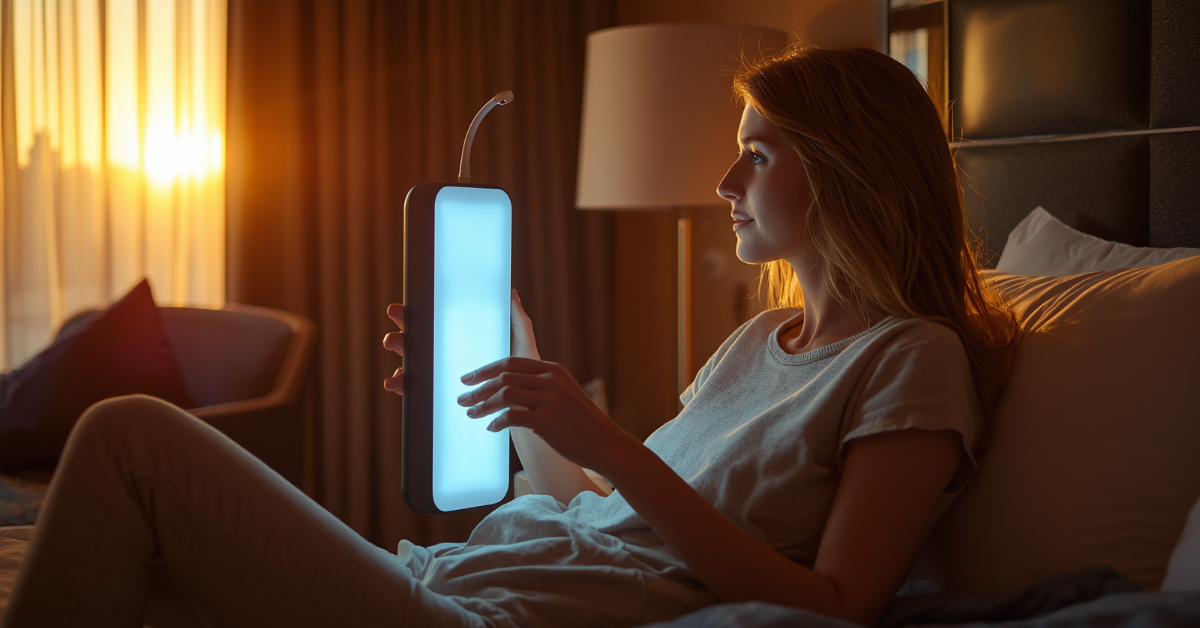 Person using a light therapy device in a hotel room at sunrise for jet lag recovery