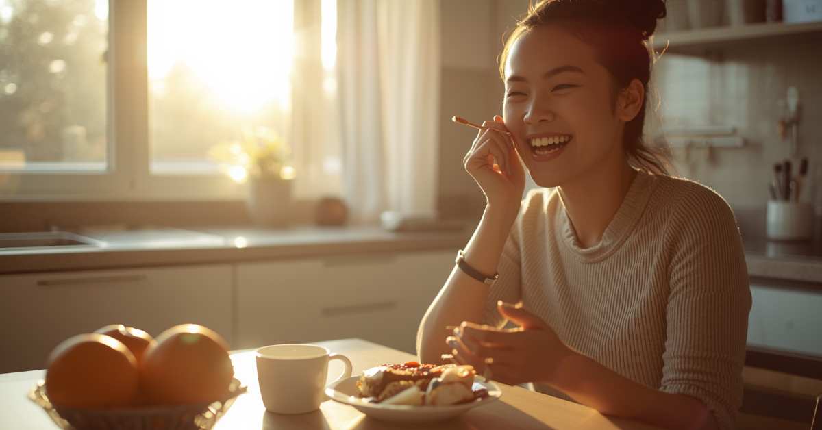 Woman smiling while eating breakfast in a bright sunlit kitchen with warm golden morning light