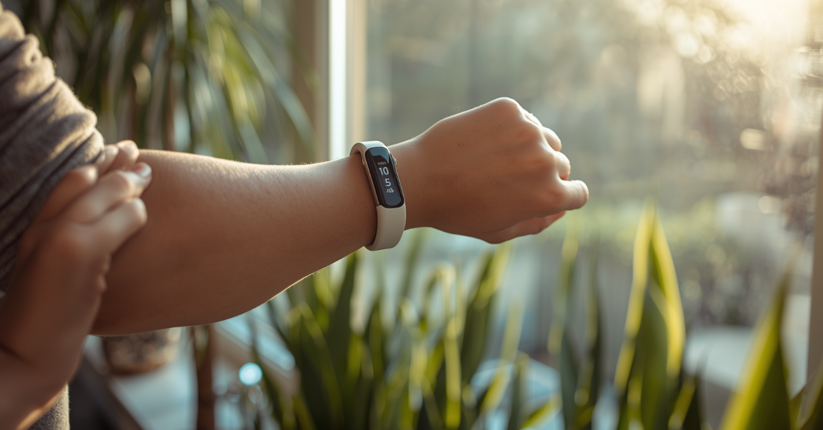 Person checking fitness wristband health data by window in natural morning light