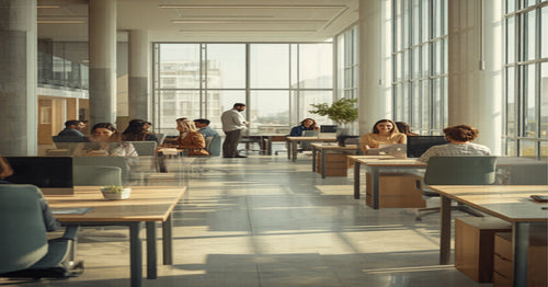 Modern open-plan office with human-centric circadian lighting installation and workers at desks
