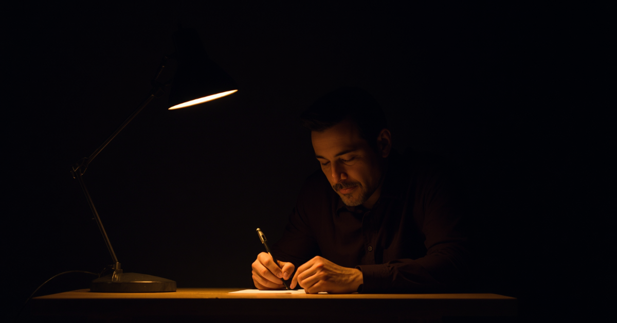 Man sitting at a desk writing by a single warm desk lamp in a dark room