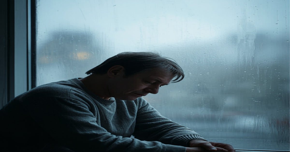 Person looking out of a window on a grey autumn day, seasonal affective disorder concept