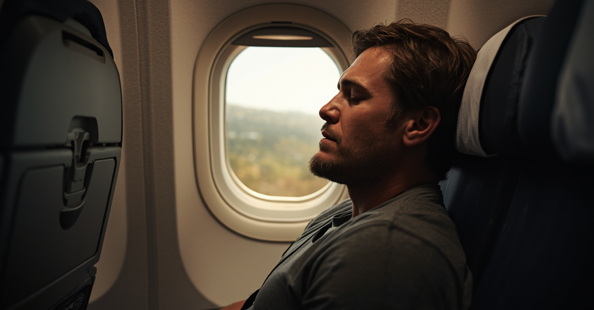 Tired passenger looking out airplane window on long-haul flight, soft cabin lighting