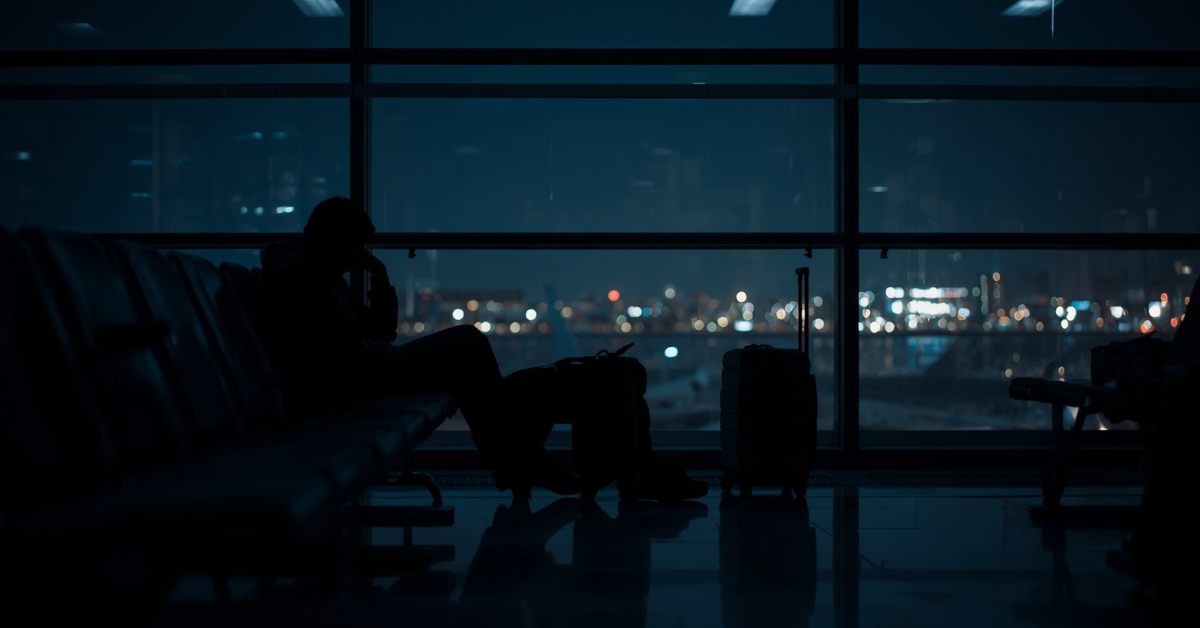 Exhausted traveller sitting alone in dark airport terminal at night with city lights visible through window