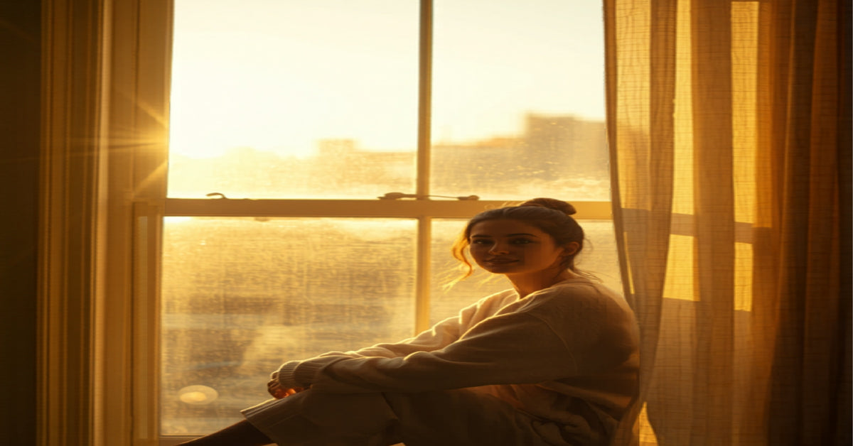 Person sitting by a sunlit window in morning light, alert and energised, morning light routine