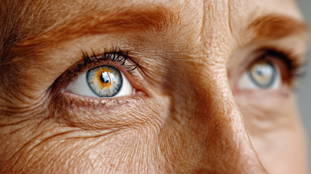 Close-up of a person's eyes with detailed skin texture